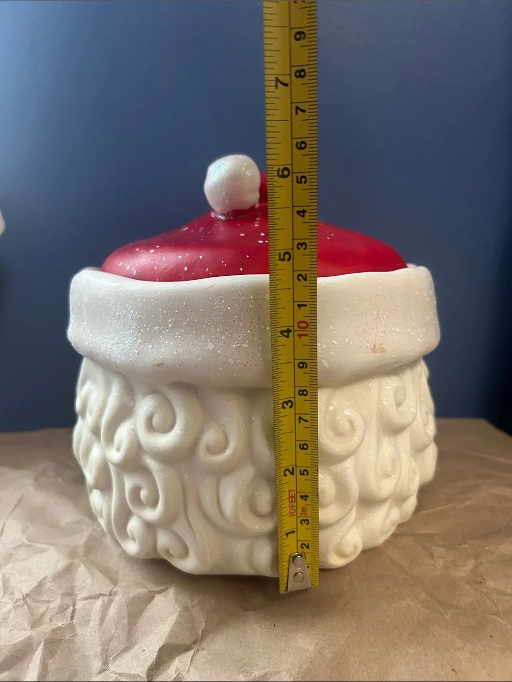 Santa Snacks Christmas Ceramic Cookie Jar with Lid Red and White sparkles.